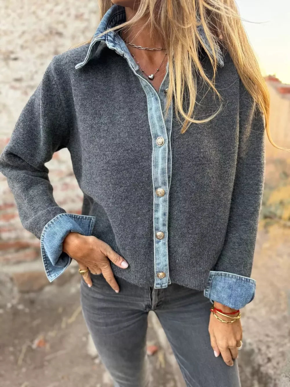 Contrast Denim Trimmed Sweater Cardigan in Caramel
