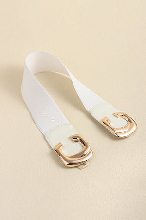 White elastic belt with double C gold buckle and faux leather trim