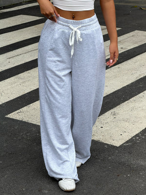 wide-leg pants in heather gray featuring drawstring waist and loose fit