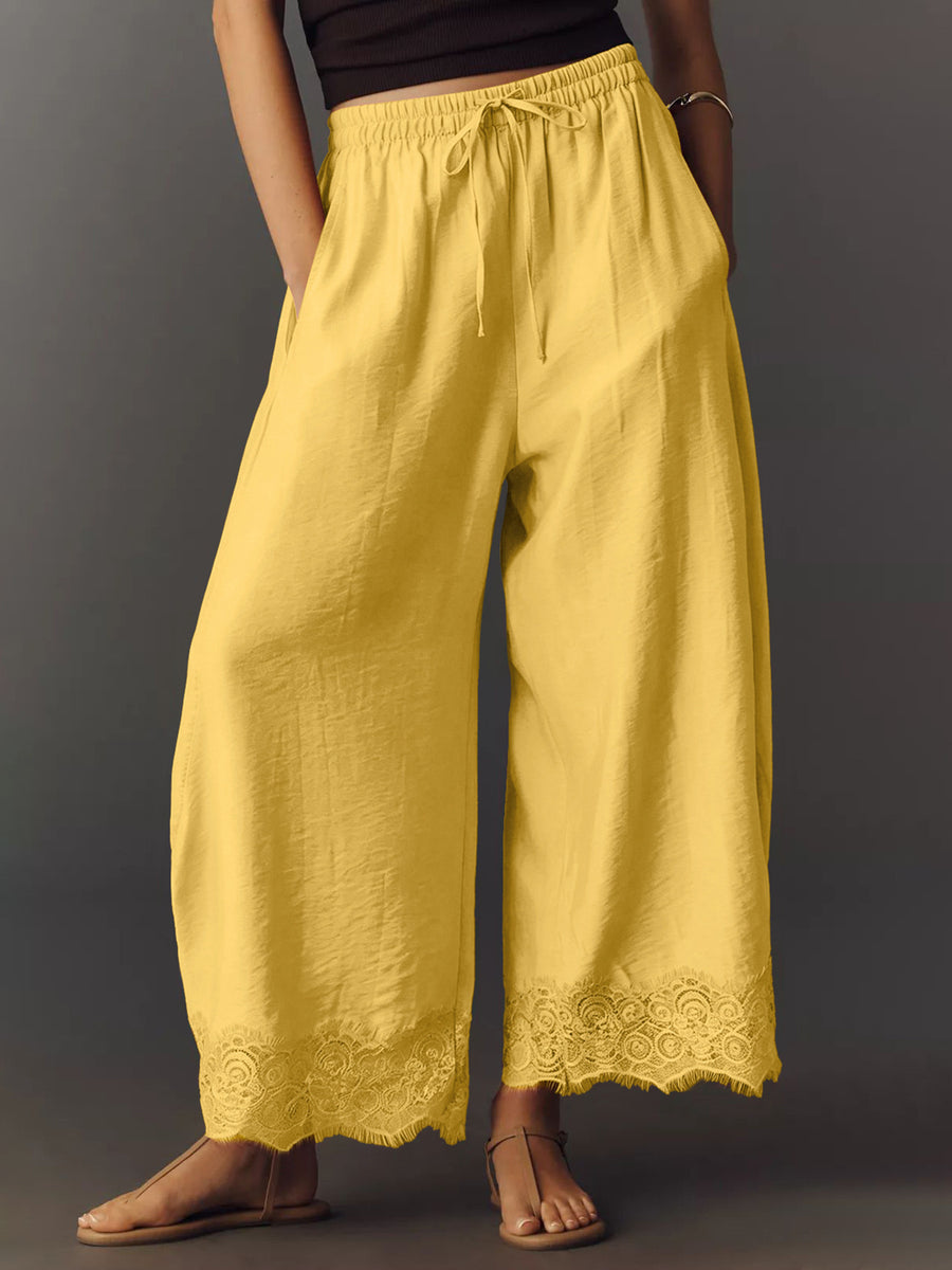 Elastic-Waist Pocketed Drawstring Wide Leg Pants in Brown with drawstring