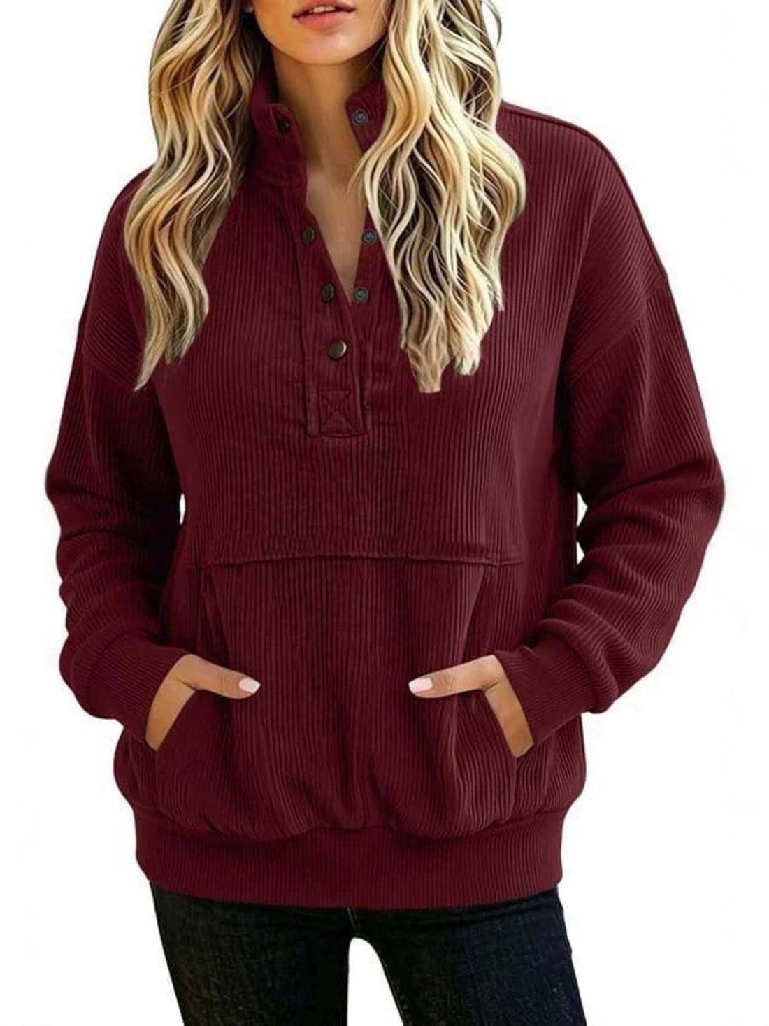 sweatshirt in Navy with ribbed knit and buttoned