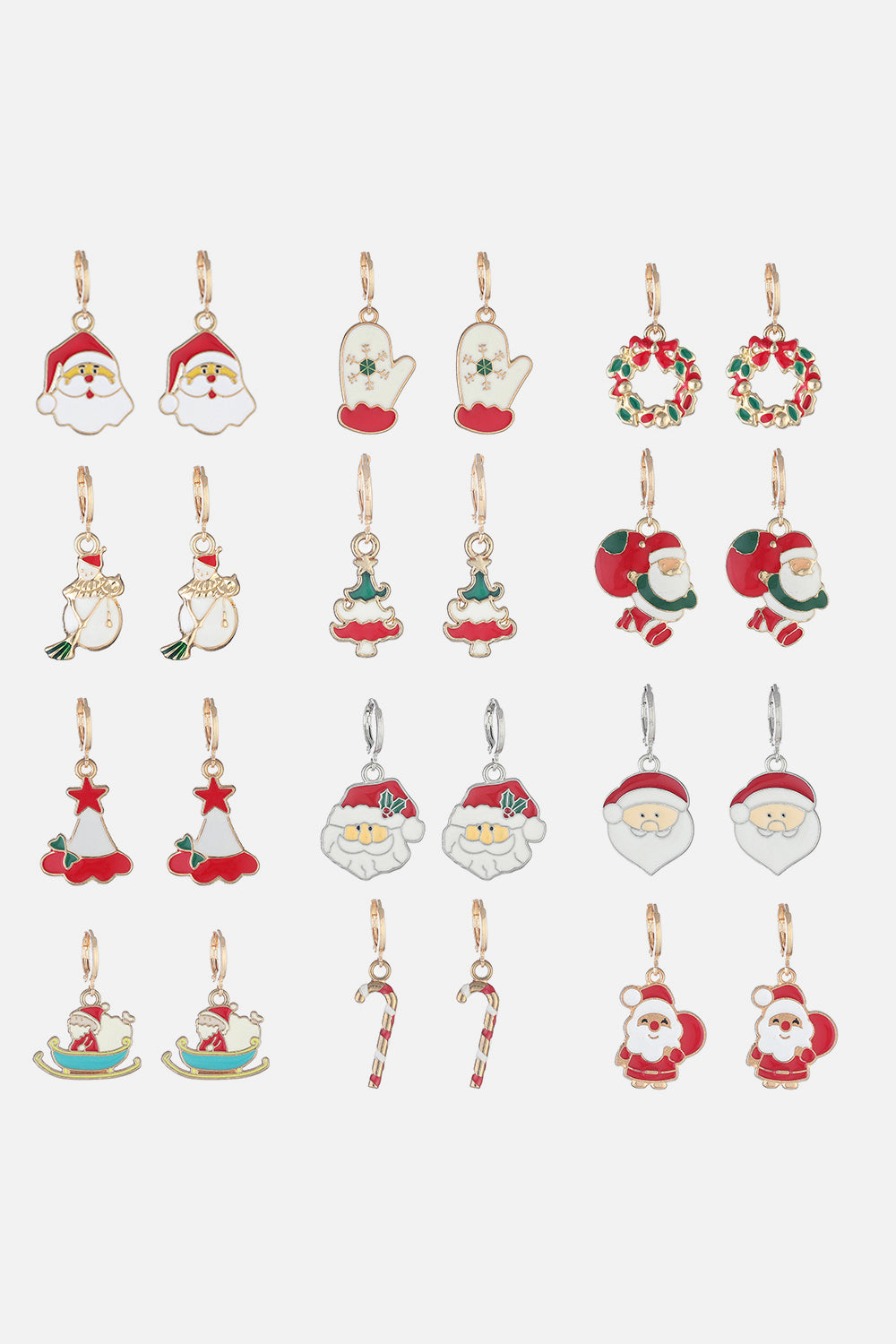Festive Santa charm hoop earrings in various Christmas designs, made of alloy.