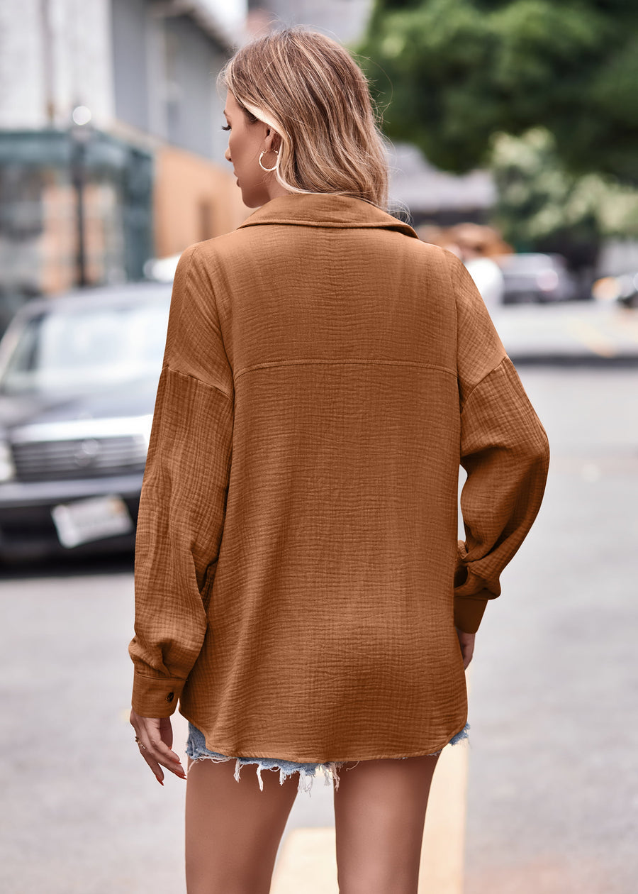 Textured gauze overshirt in caramel with relaxed silhouette and button cuff sleeves.