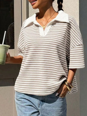 Black with Striped Knit 3/4 Sleeve Polo Top