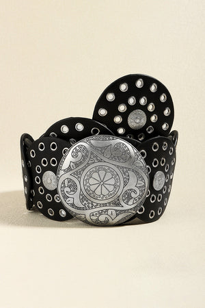 Black leather belt with silver disc embellishments and grommet details
