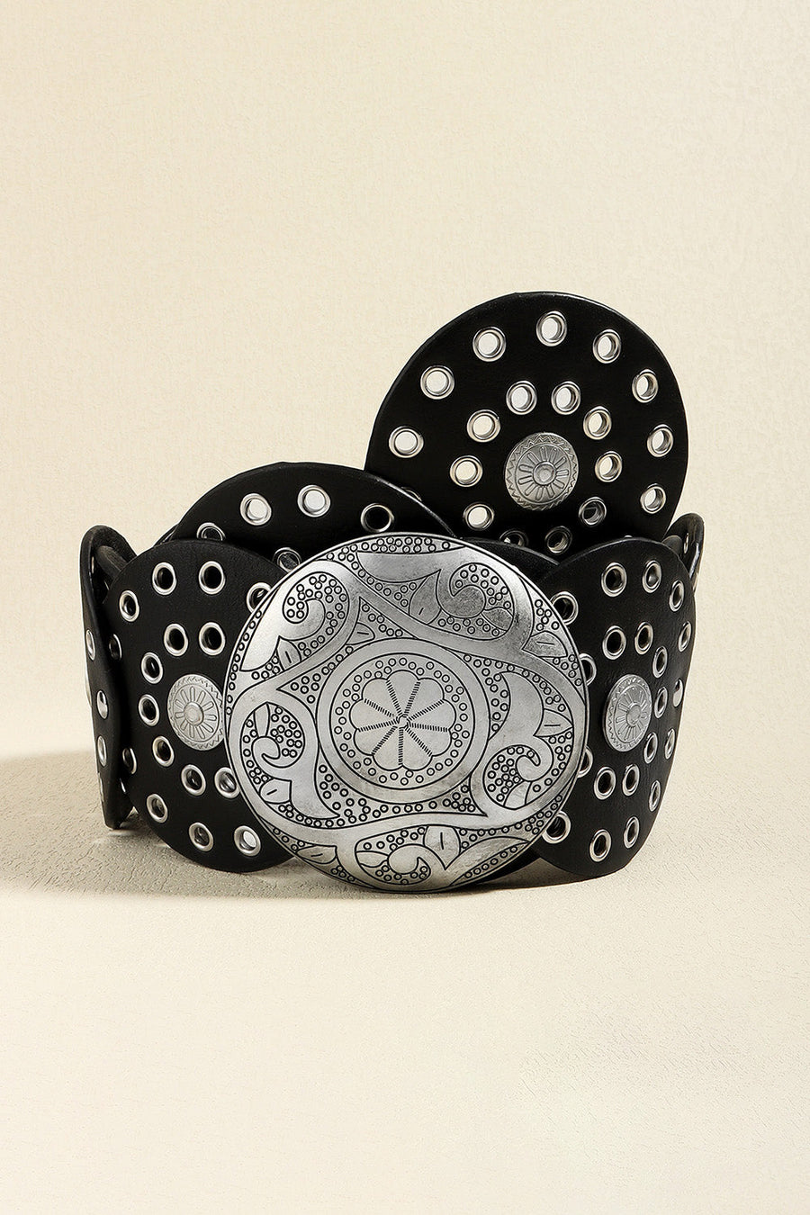 Black leather belt with silver disc embellishments and grommet details