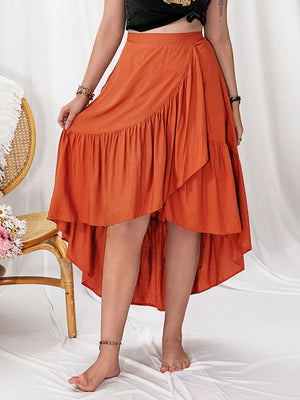 Chic ruched orange high-low skirt with ruffle detail, perfect for curvy women.