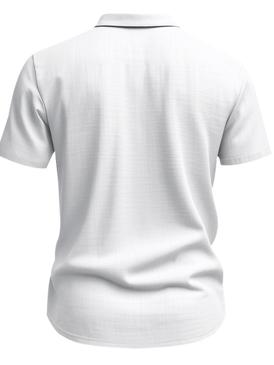 White short sleeve button-down shirt with collar and subtle texture.