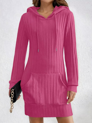 Women's Fuchsia Pink Ribbed Knit Hoodie Dress with front pocket and drawstring hood