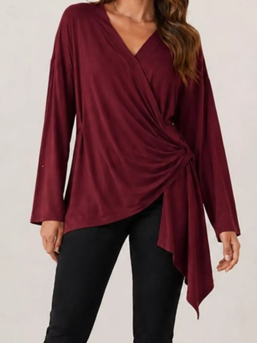 wrap top in Purple with v-neck and long sleeve