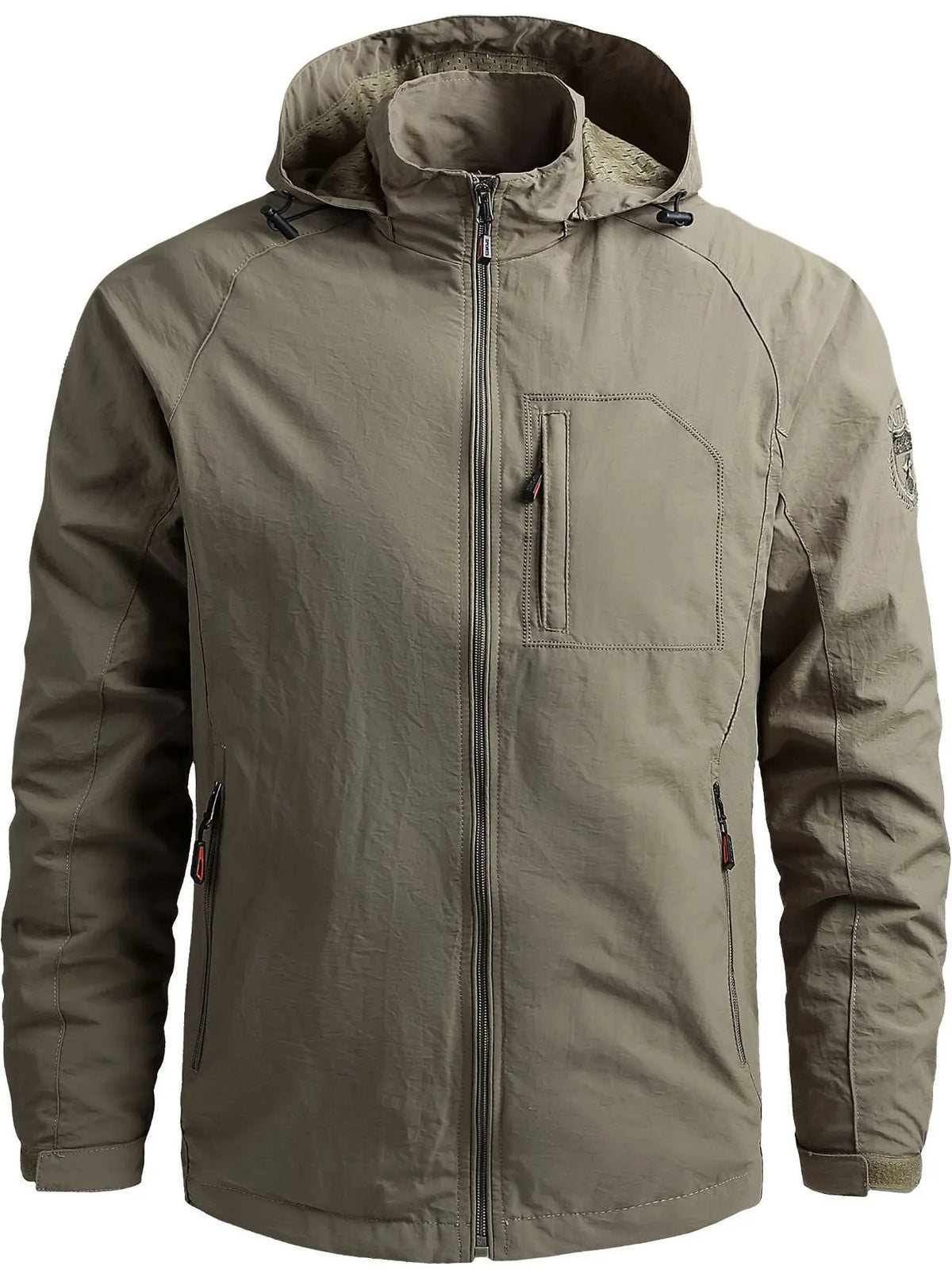 Khaki lightweight hooded windbreaker jacket with zippered chest pocket and side pockets.