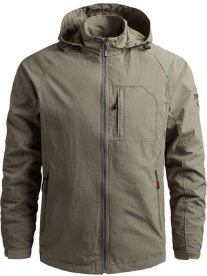 Khaki lightweight hooded windbreaker jacket with zippered chest pocket and side pockets.