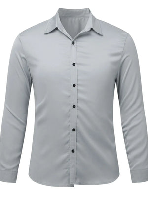 Gray satin finish button-down shirt with black buttons