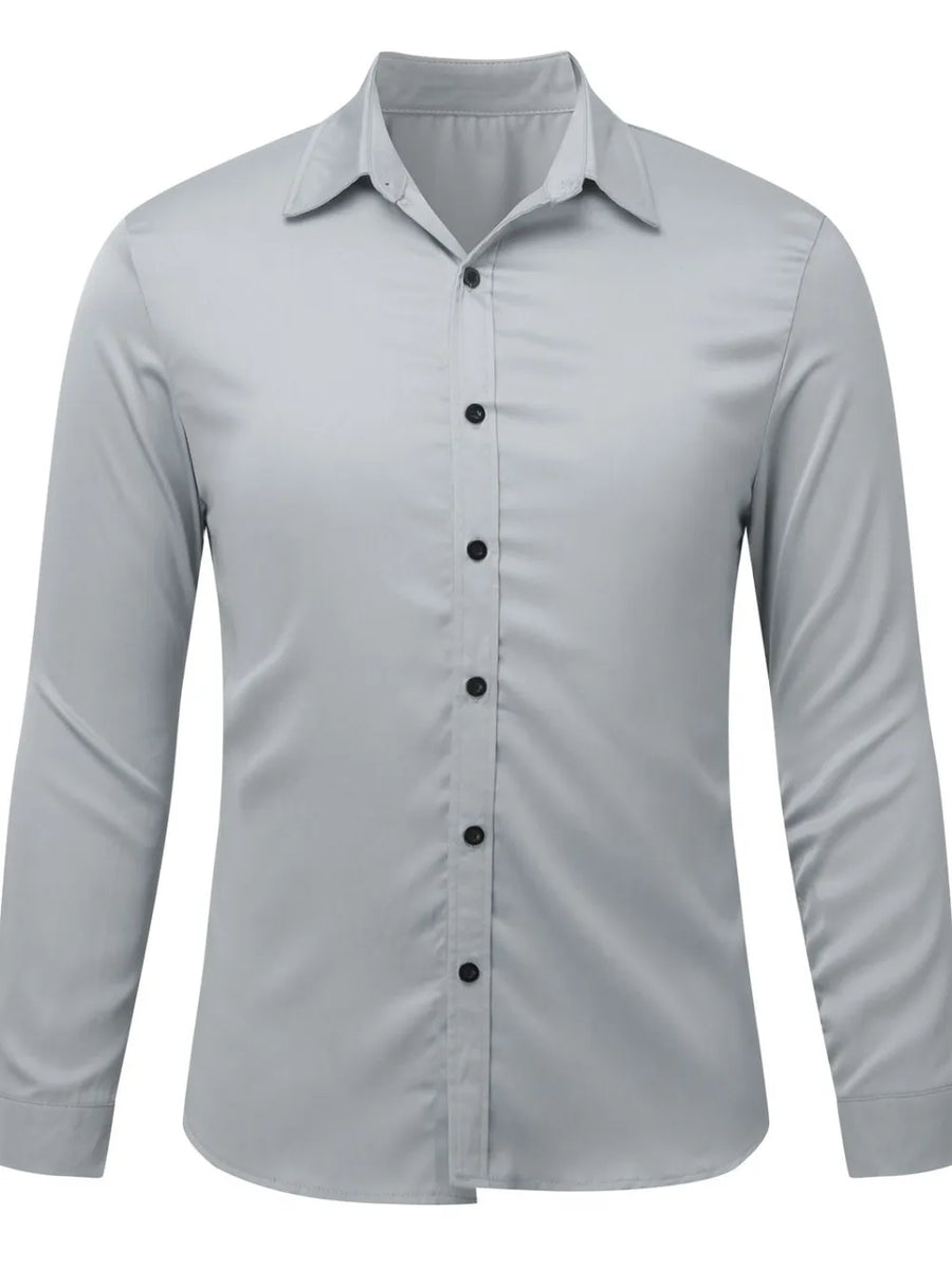 Gray satin finish button-down shirt with black buttons