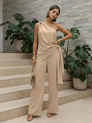 modern two-piece set in light beige with one-shoulder