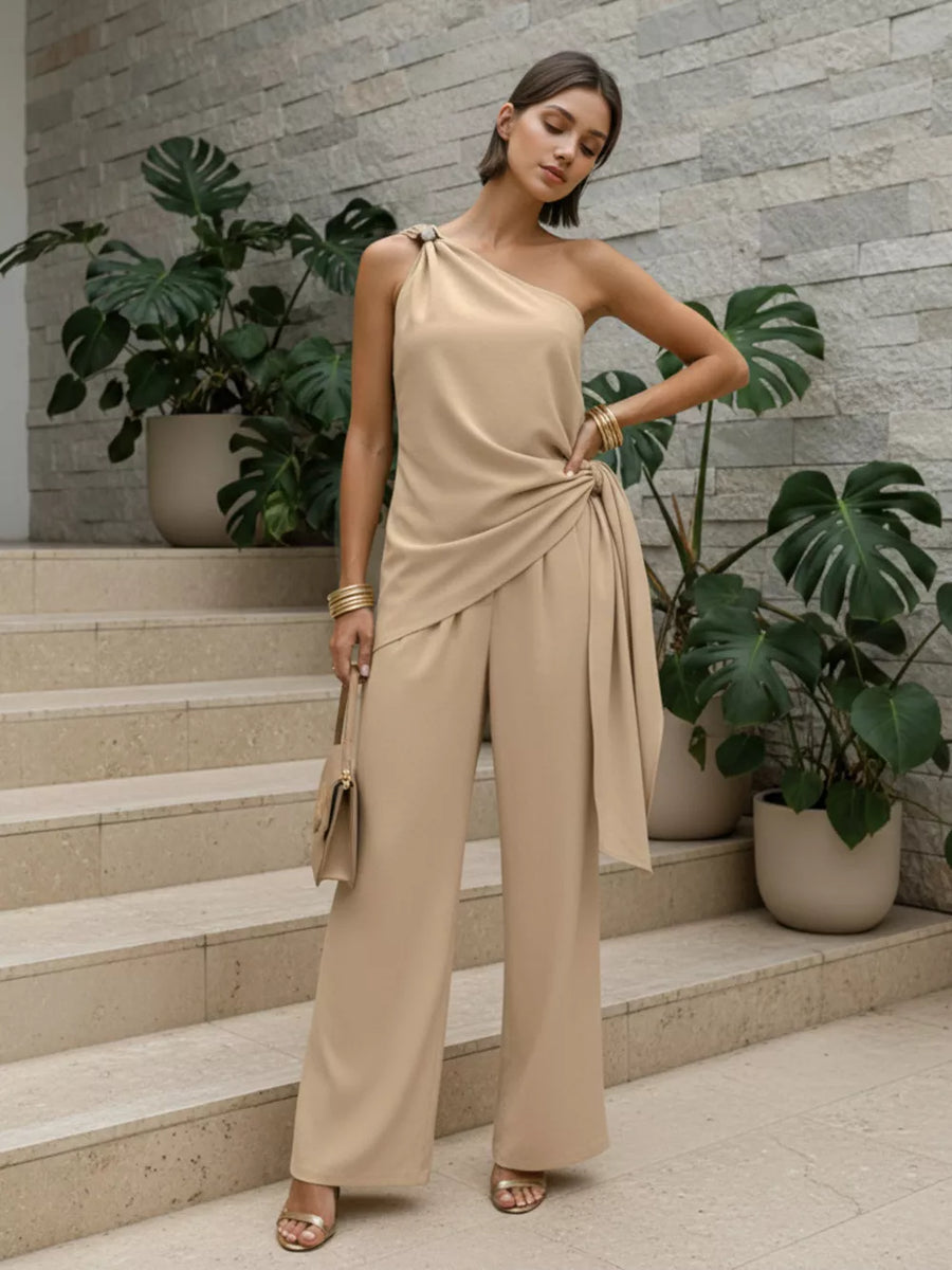 modern two-piece set in light beige with one-shoulder