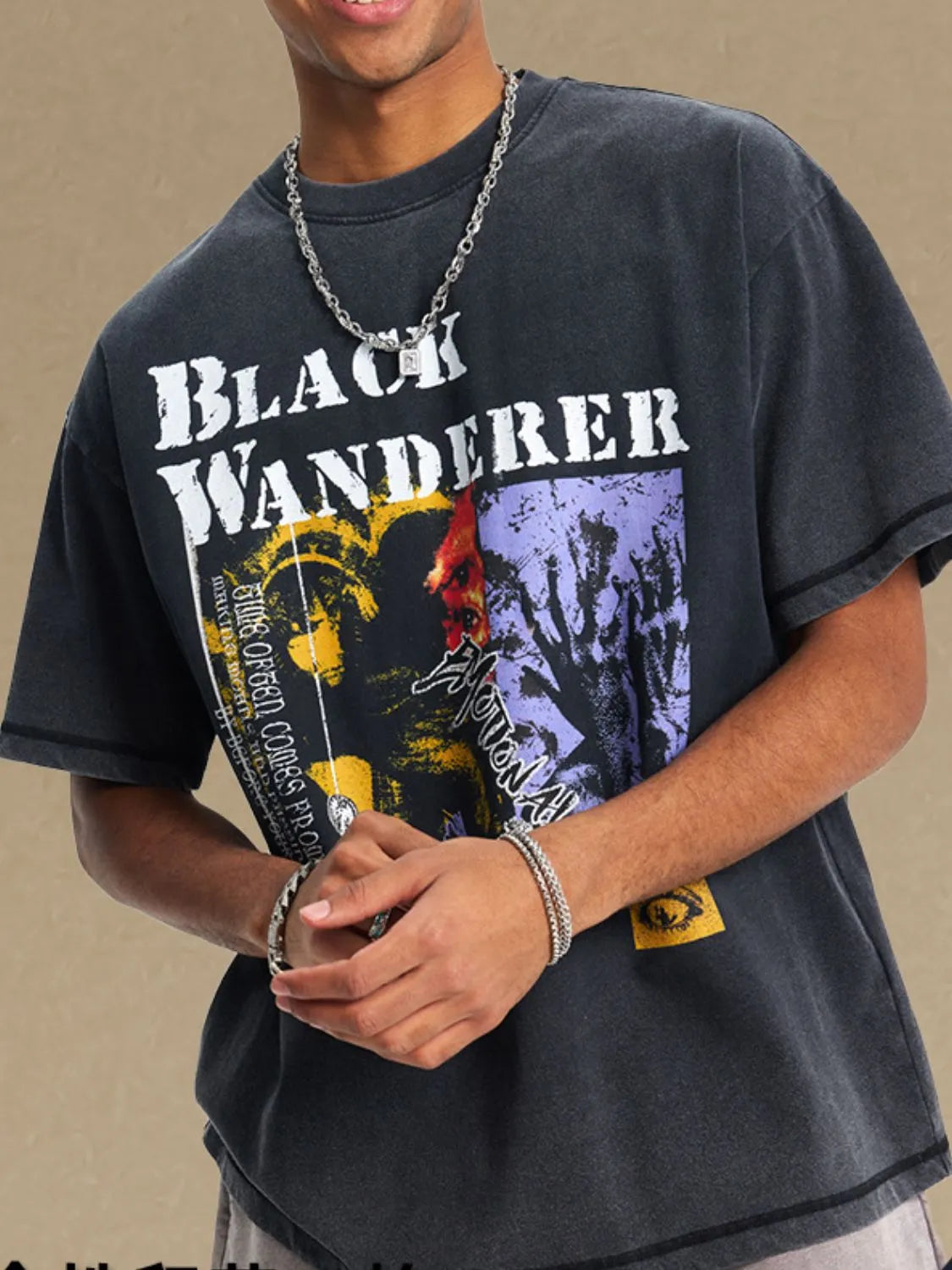 Black Wanderer graphic tee in washed cotton with crew neck and short sleeves.
