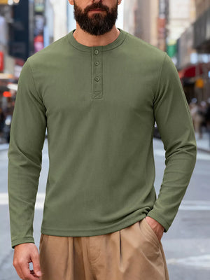 Men's Army Green long sleeve Henley t-shirt with button placket and crew neck.
