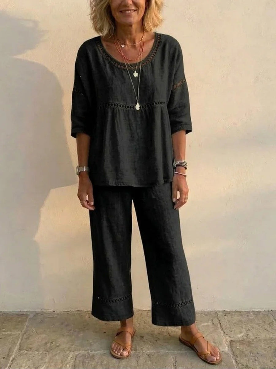 Purple relaxed Pants Set with round neck