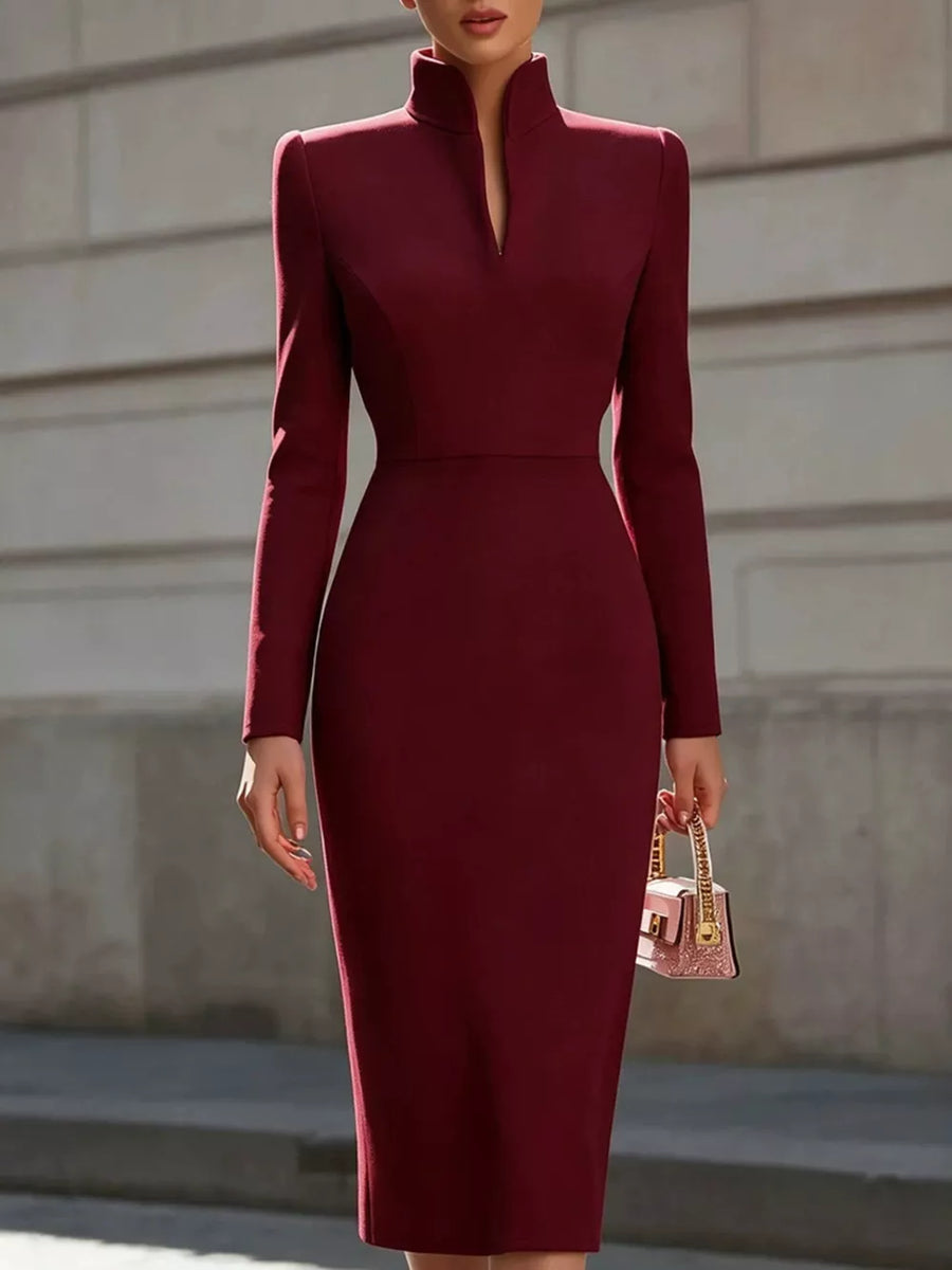 High Neck Long Sleeve Slit Dress in Apricot