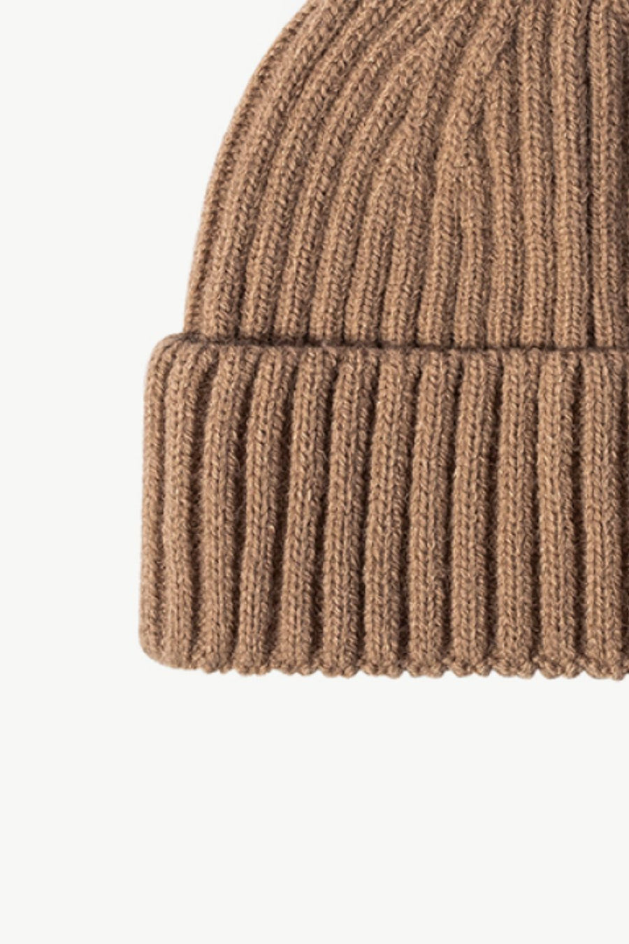 Chunky ribbed knit beanie in brown acrylic with a textured ribbed pattern.