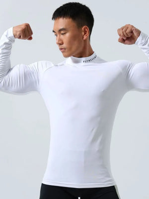 White long sleeve compression mock neck active top with subtle logo detail