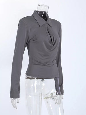 Gray slim blouse with collared