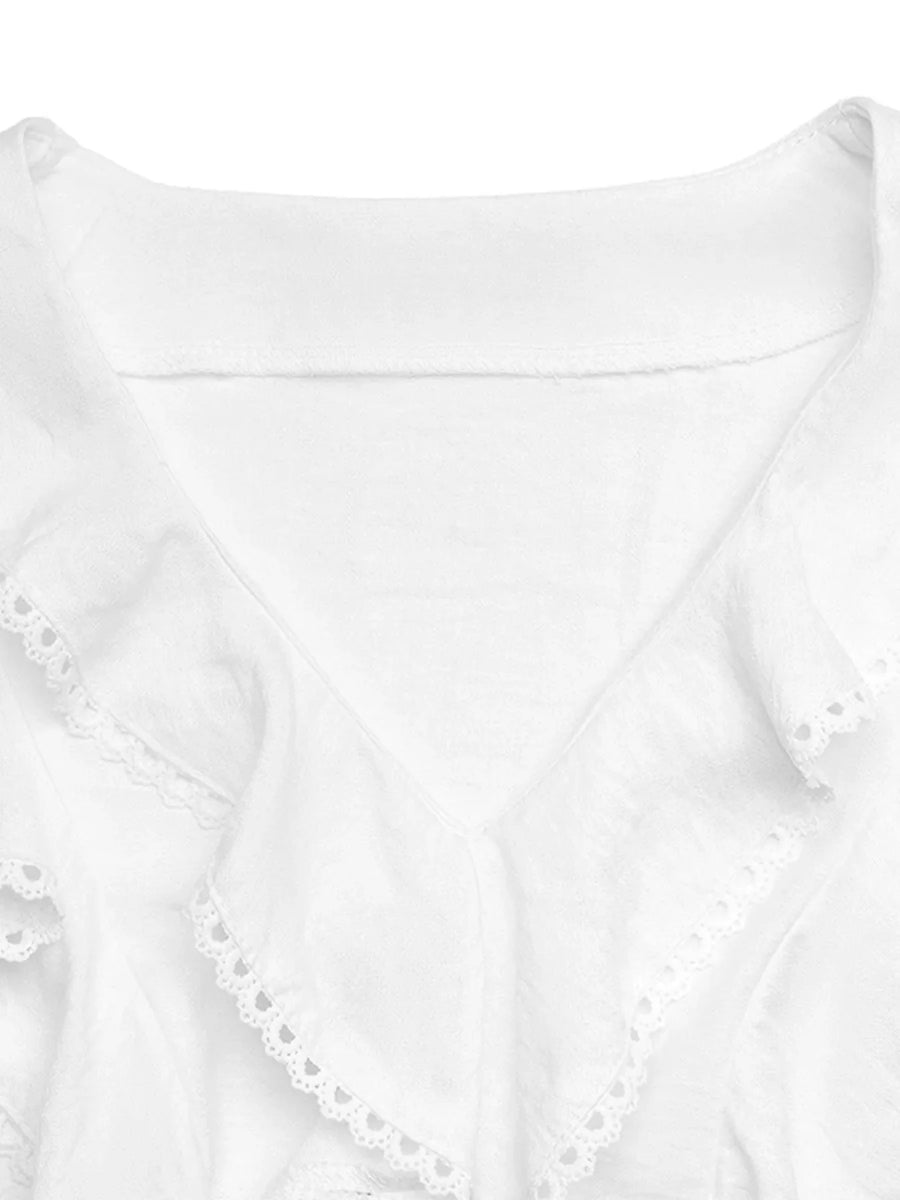 White lace ruffle v-neck blouse with lace trim detail