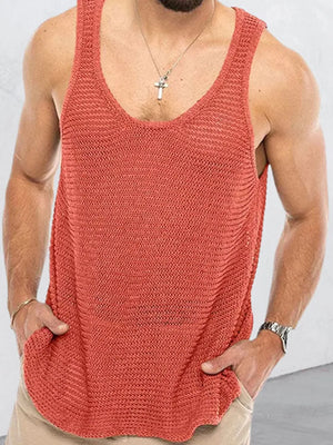 Open-knit scoop neck tank top in strawberry acrylic with a casual fit.
