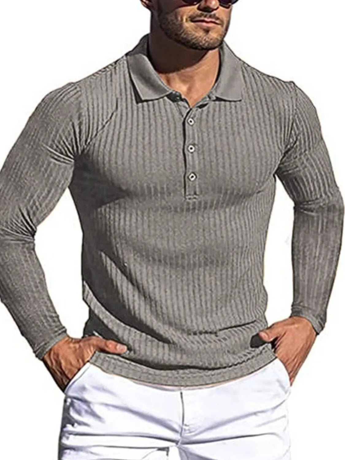 Gray ribbed long sleeve polo shirt with sculpted fit
