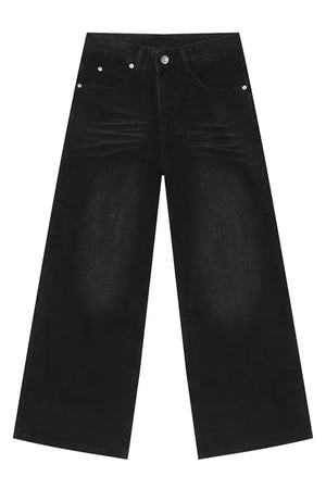 Black denim straight leg jeans with whiskered details
