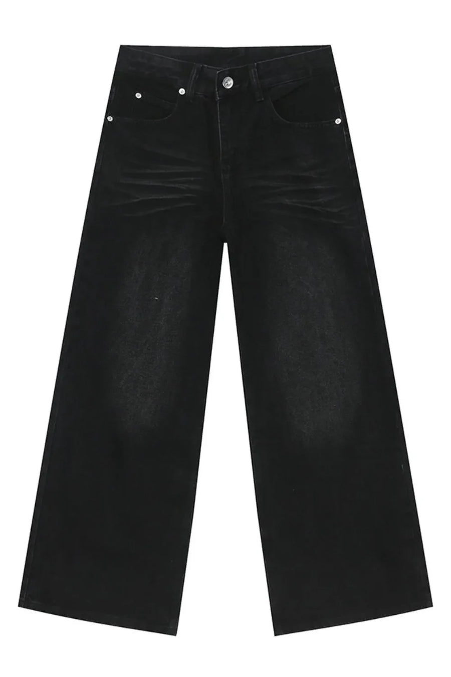 Black denim straight leg jeans with whiskered details