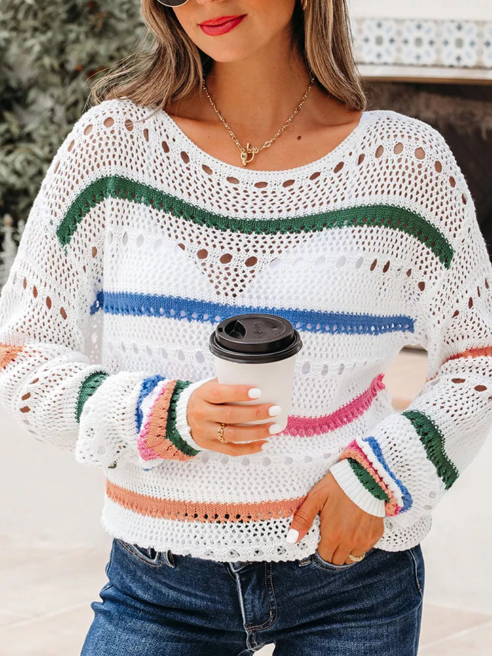 Color Block Striped Pointelle Knit Sweater in White