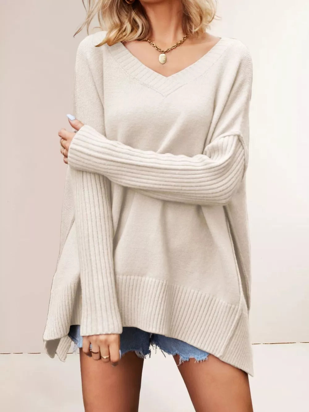 Apricot relaxed v-neck sweater with v-neck