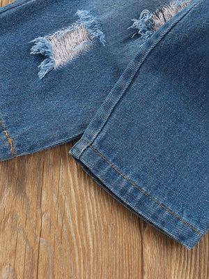 Blue with Children's Tie Shoulder Tank And Distressed Jeans Set