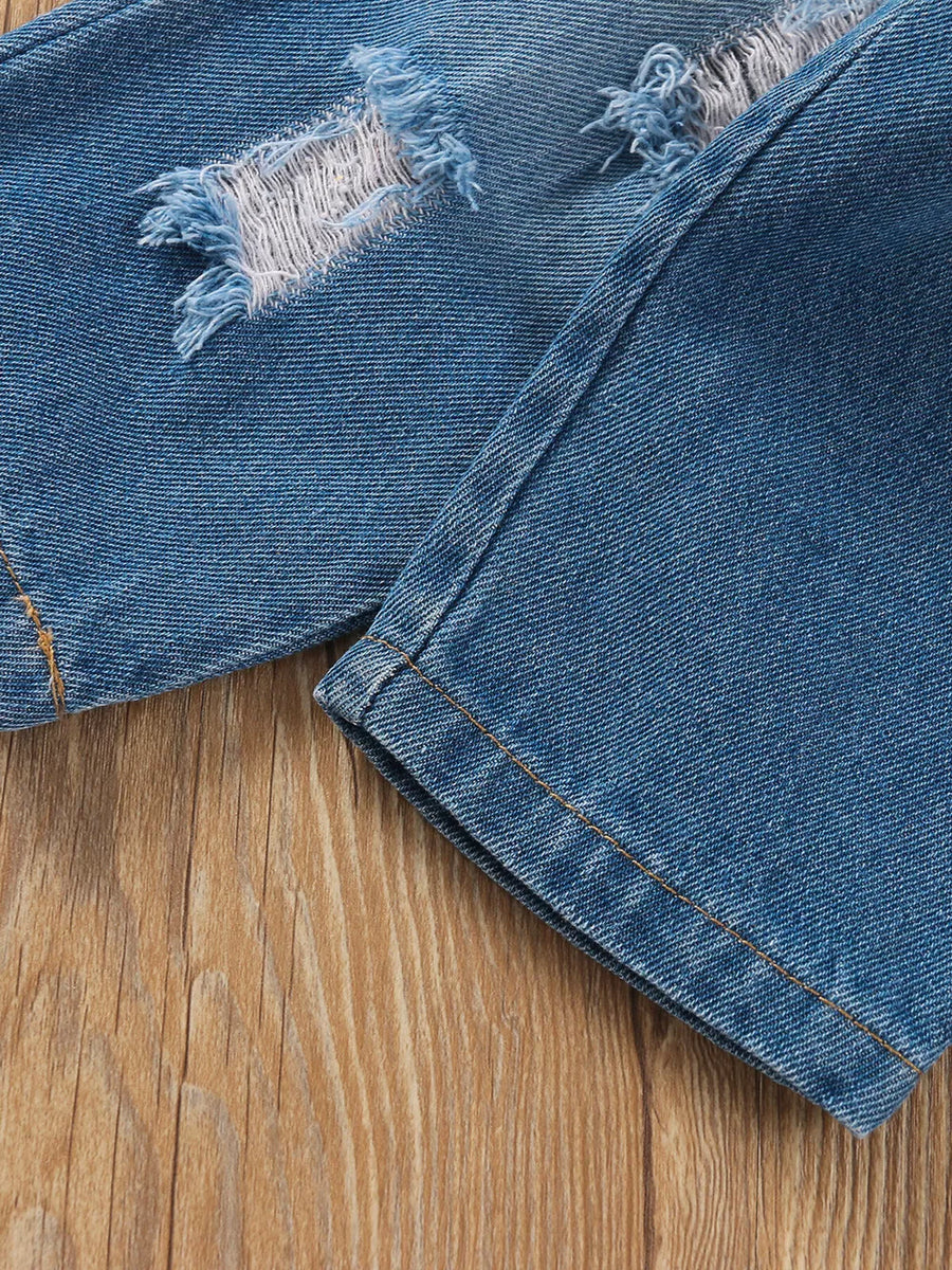 Blue with Children's Tie Shoulder Tank And Distressed Jeans Set