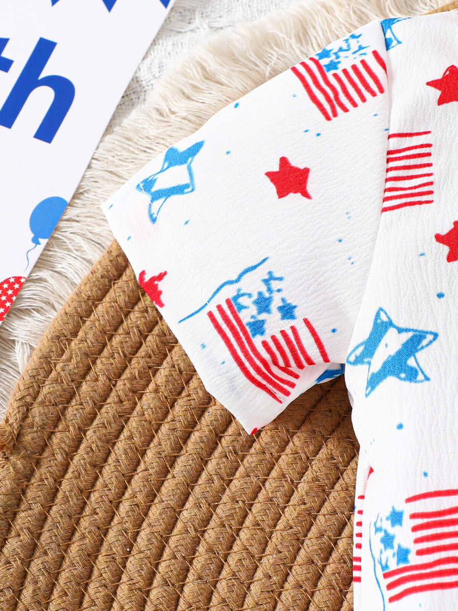 Patriotic baby shirt with American flag and star print, short sleeves, white cotton.
