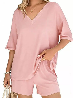Solid Color V-neck And Shorts Set in Army Green, view 15
