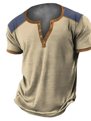 Men's tan cotton henley t-shirt with brown trim and blue shoulder accents.