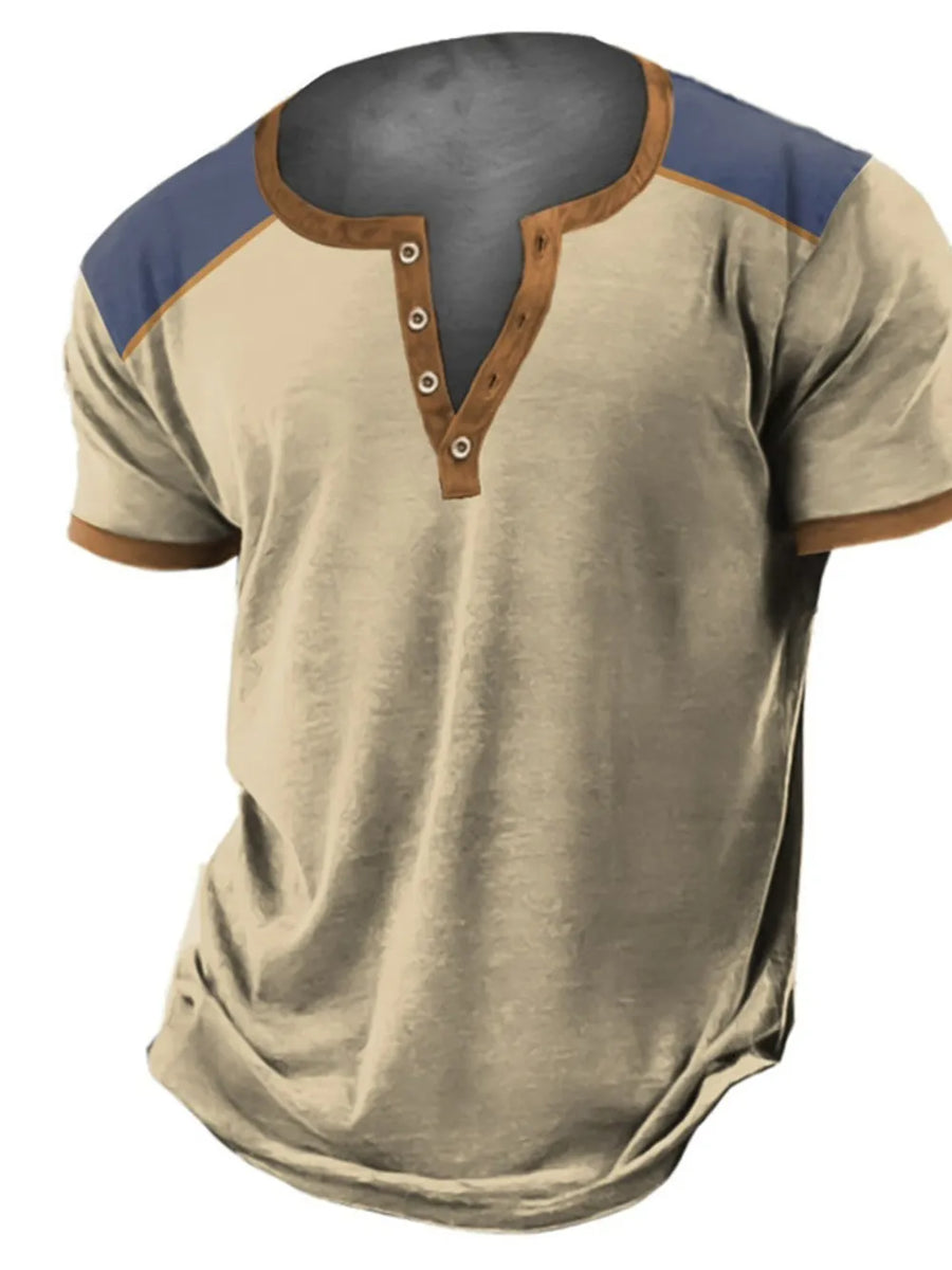 Men's tan cotton henley t-shirt with brown trim and blue shoulder accents.