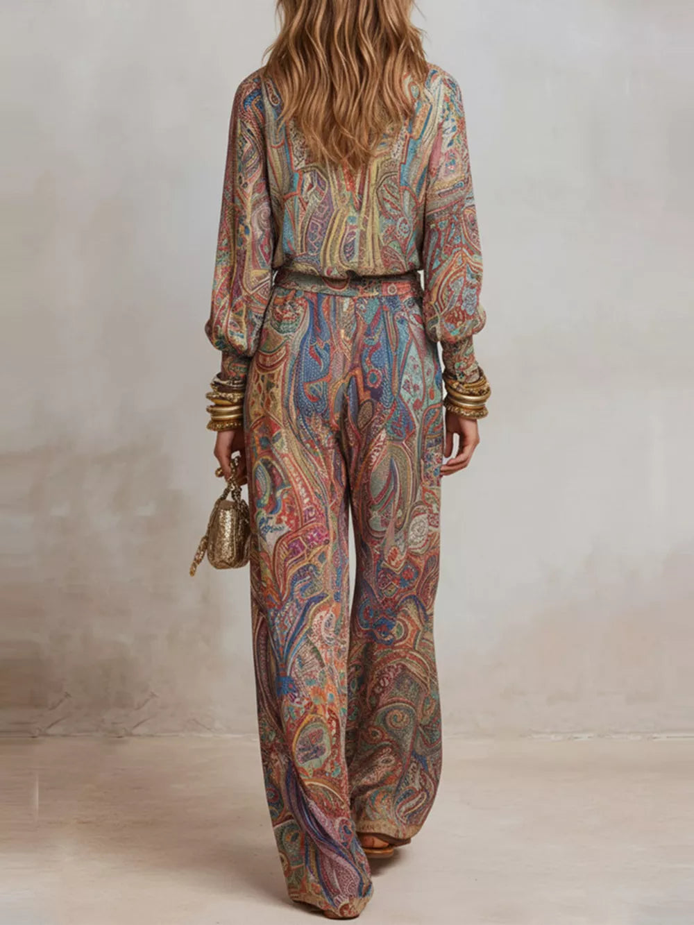 rust lounge set featuring pleated and paisley