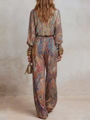 rust lounge set featuring pleated and paisley