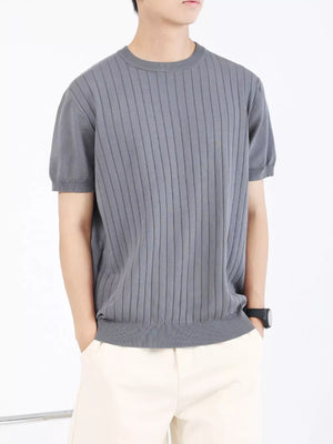 Men's blue gray ribbed knit t-shirt with short sleeves and crew neck.