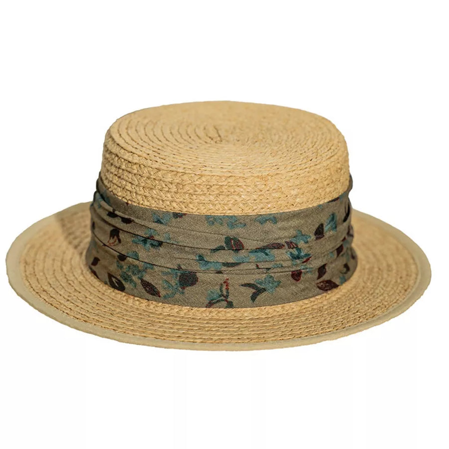 Straw boater hat with floral band in sage green.
