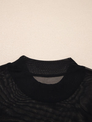 Black sheer mesh t-shirt with cap sleeves and mock neck detail.