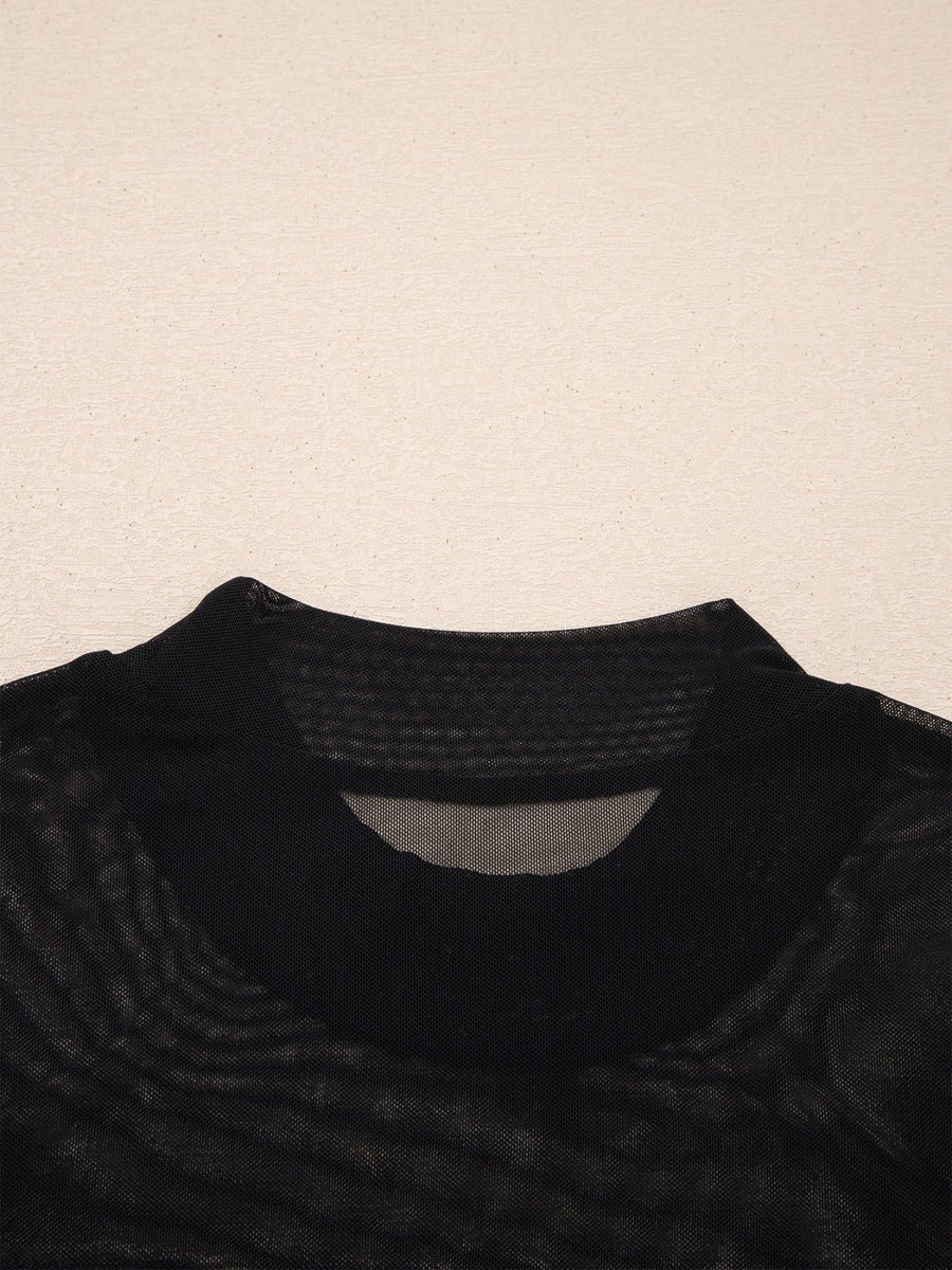 Black sheer mesh t-shirt with cap sleeves and mock neck detail.