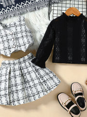 Toddler black long sleeve top and white plaid vest and skirt set with decorative buttons
