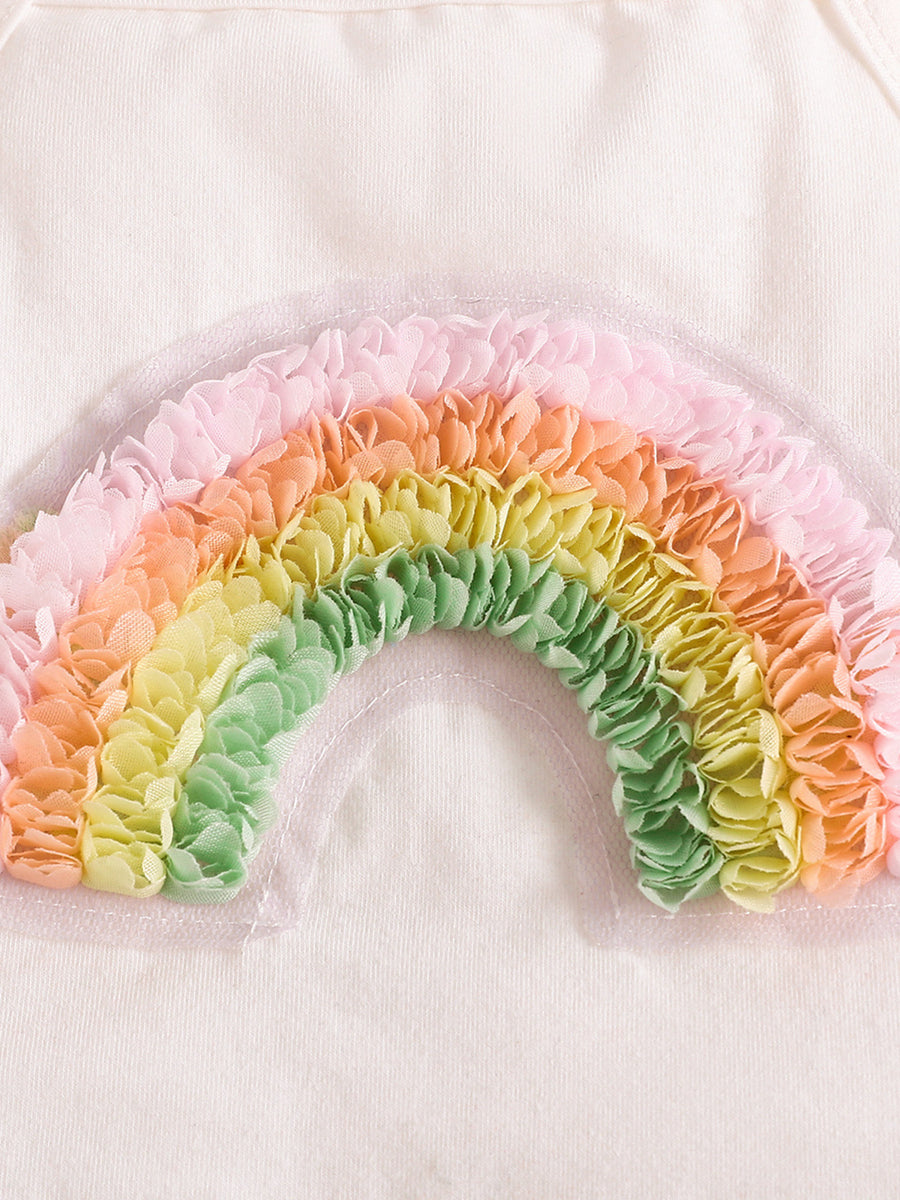 Baby girls' white cotton top with pastel rainbow applique detail