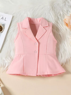Pink sleeveless blazer with peplum hem and button closure