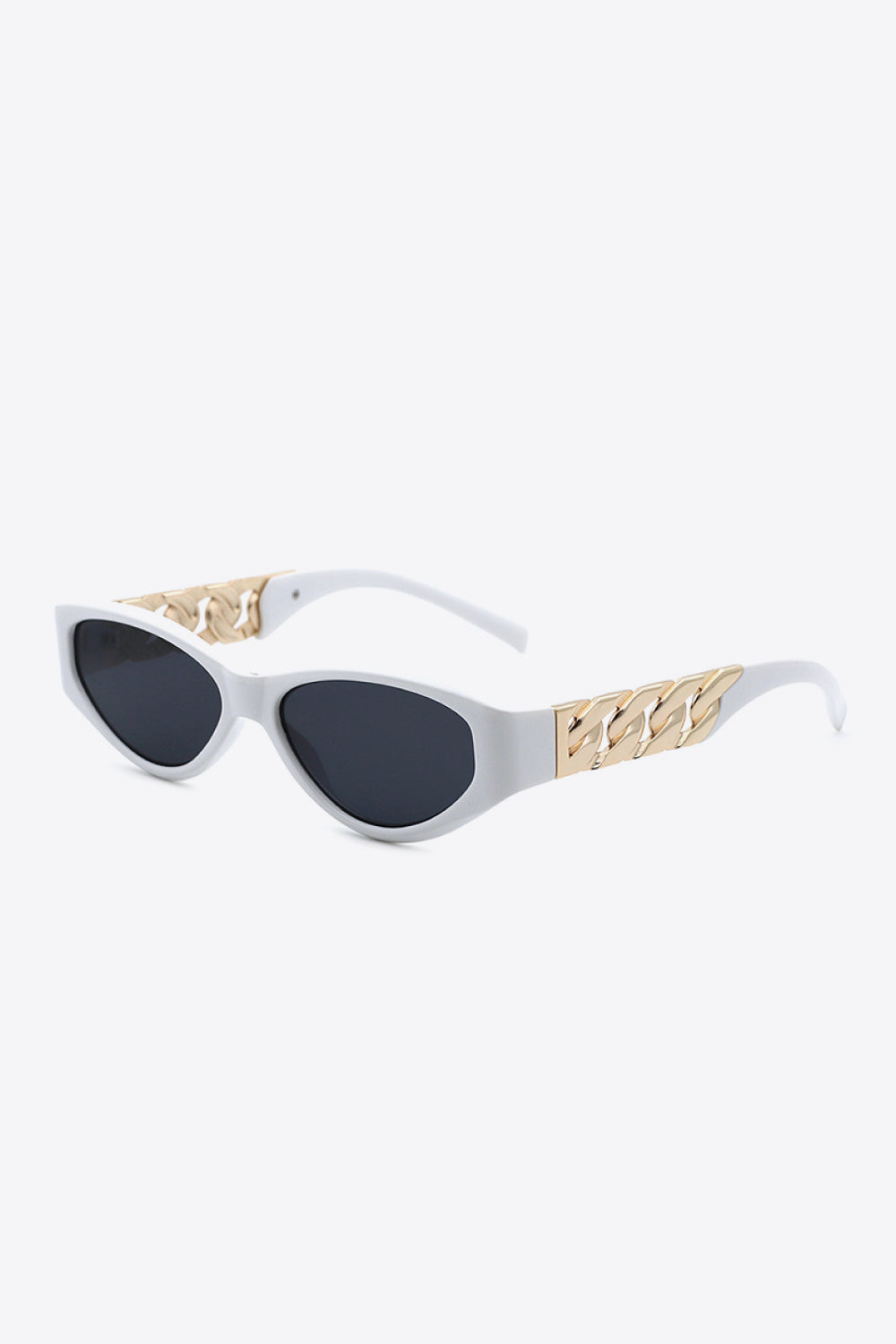 White cat-eye sunglasses with gold chain detail and black lenses